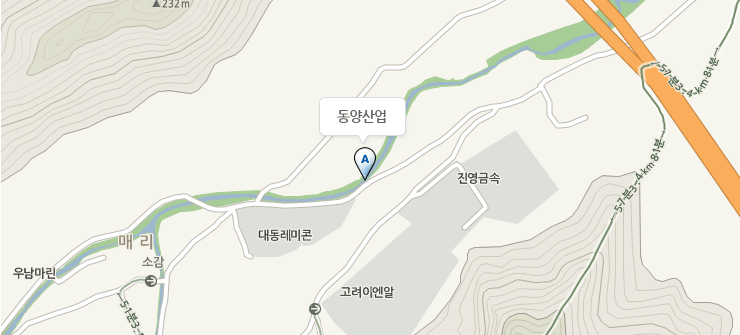 동양산업 Naver 지도 : 대구부산고속도로를 통해 경남 김해시 상동면에 진입하여 상동 1터널 부근에서 대동레미콘 옆에 위치하고 있다.